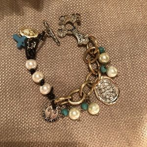 Leather look & gold tone links charm bracelet